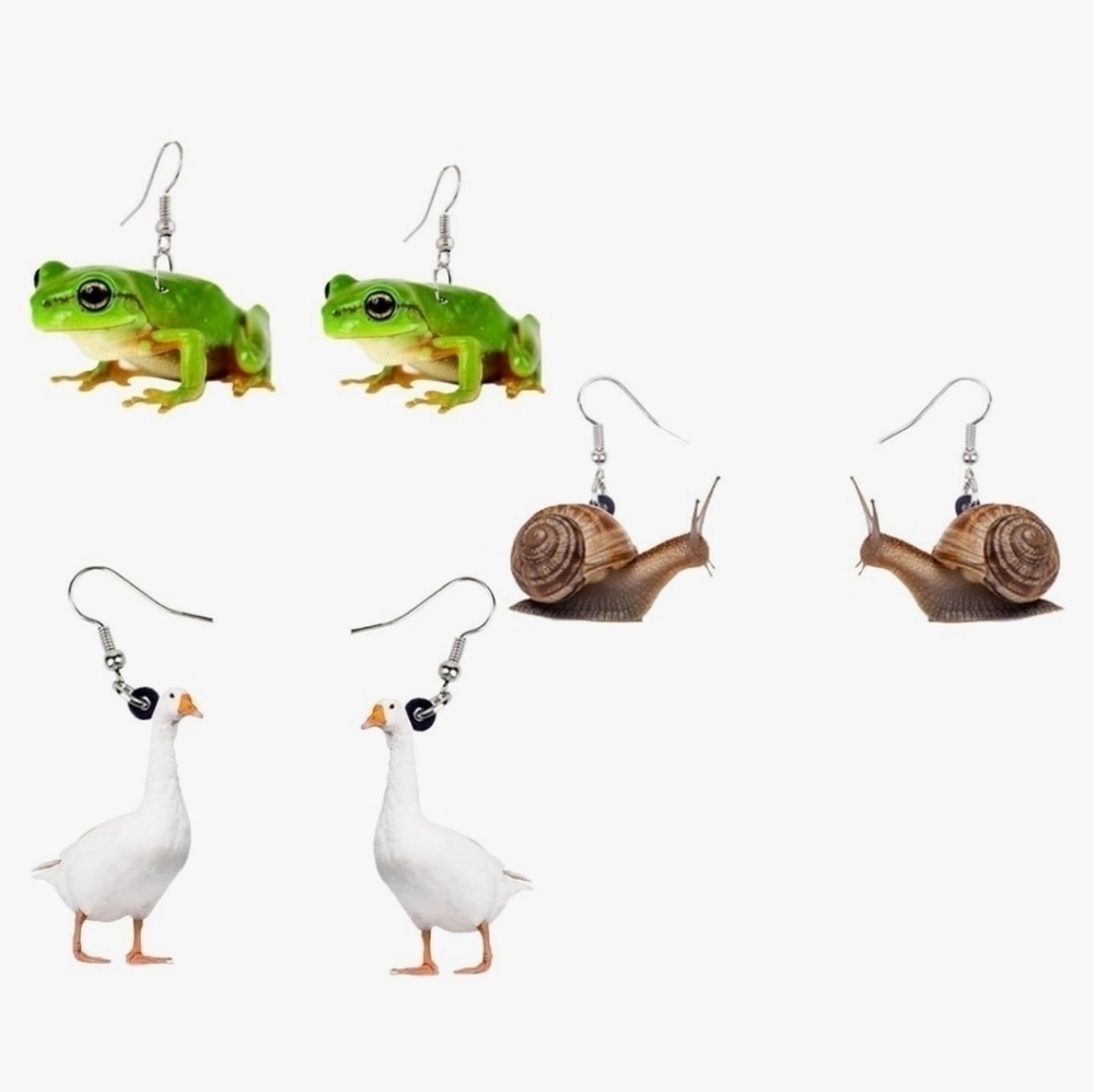 New 3 PC Animal Novelty Dangle Earrings Set Frog, Snail, Goose/duck